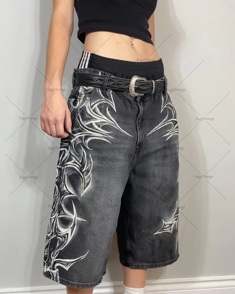 

New Gothic Punk Graphic Print Denim Shorts American Retro Baggy Five Points Straight Pants Men Harajuku Trend Y2K Streetwear