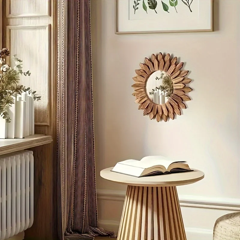 Chic Sunflower Wall-Mounted Makeup Mirror - Round Wooden Frame, Lightweight & No Power Needed - Perfect for Home Decor Gift