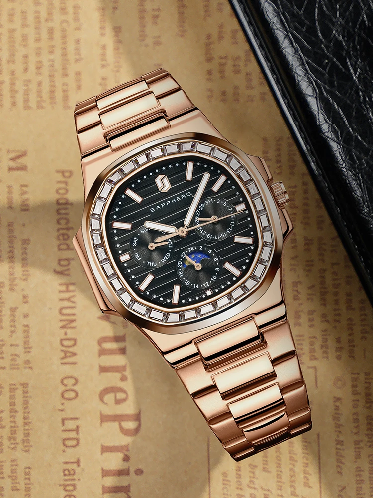 SAPPHERO Rose Gold Watches for Men Diamond Wristwatch Multifunction Dial Waterproof Mens Stainless Steel Watch Luxury Clock