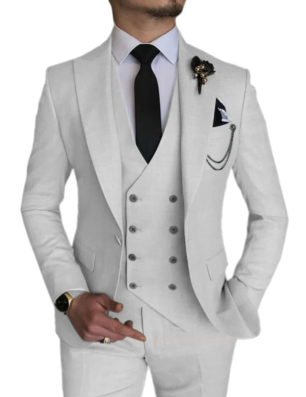 3 Pieces Light Gray  Suits Men Suits  Wedding Wear Business Male Groom Wedding Dress Jacket Vest Pants Set Blazers Coat