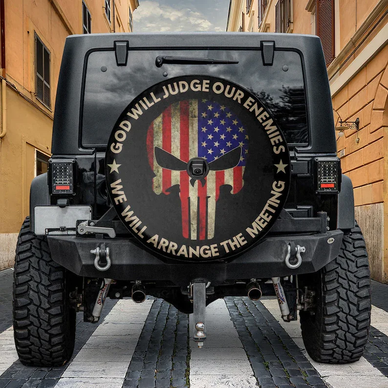 God Will Judge Our Enemies We'll Arrange The Meeting Spare Tire Cover With Or Without Camera Hole,Skull American Flag Spare Tire