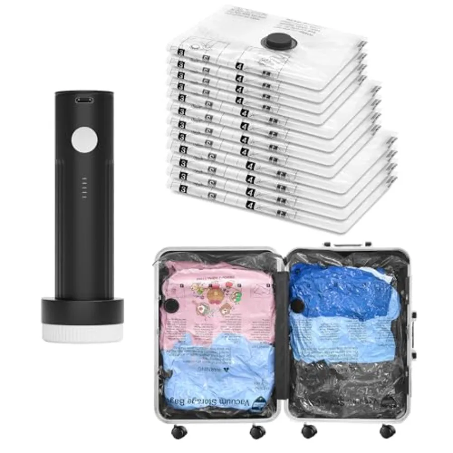 

Вакуумные пакеты для путешествий с перезаряжаемым насосом, набор из 12 штук (4L/4M/4S), компрессионные герметичные пакеты для багажа и чемоданов, экономия места