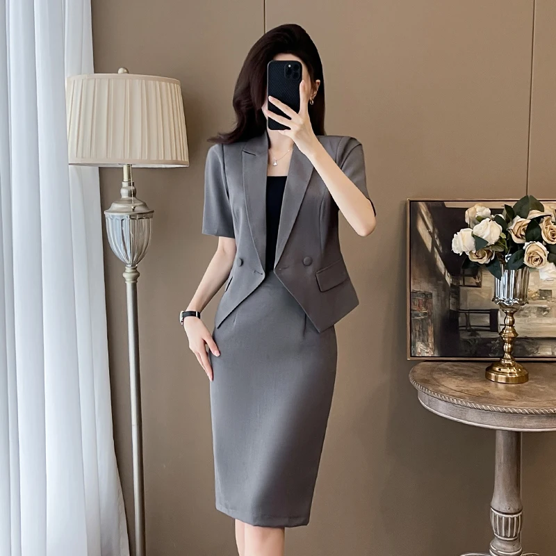 

Gray Short-Sleeve Blazer Set for Women, Summer New Professional Elegant Jewelry Store Uniform Lightweight Suit Jacket Hot Sale