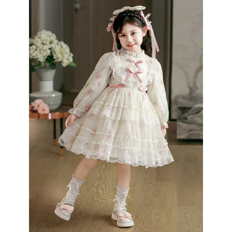 

A.Girls Spring and Autumn Lace Printed Puffy Mesh Fashionable Bow Princess Dress