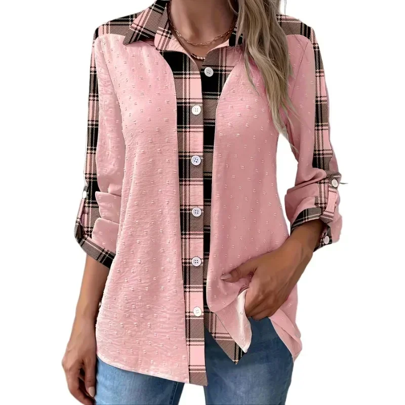 Damska koszulka Plus Size 1XL-5XL w paski z długim rękawem i guzikami z przodu z kołnierzykiem Top w kratę Patchwork Casual Blouse T-Shirts