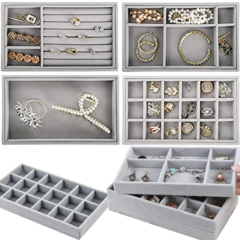 Velvet Jewelry Display Tray Stackable Grid Design Storage Box Portable Organizer Rings Earrings Rectangular Drawer Storage Plate