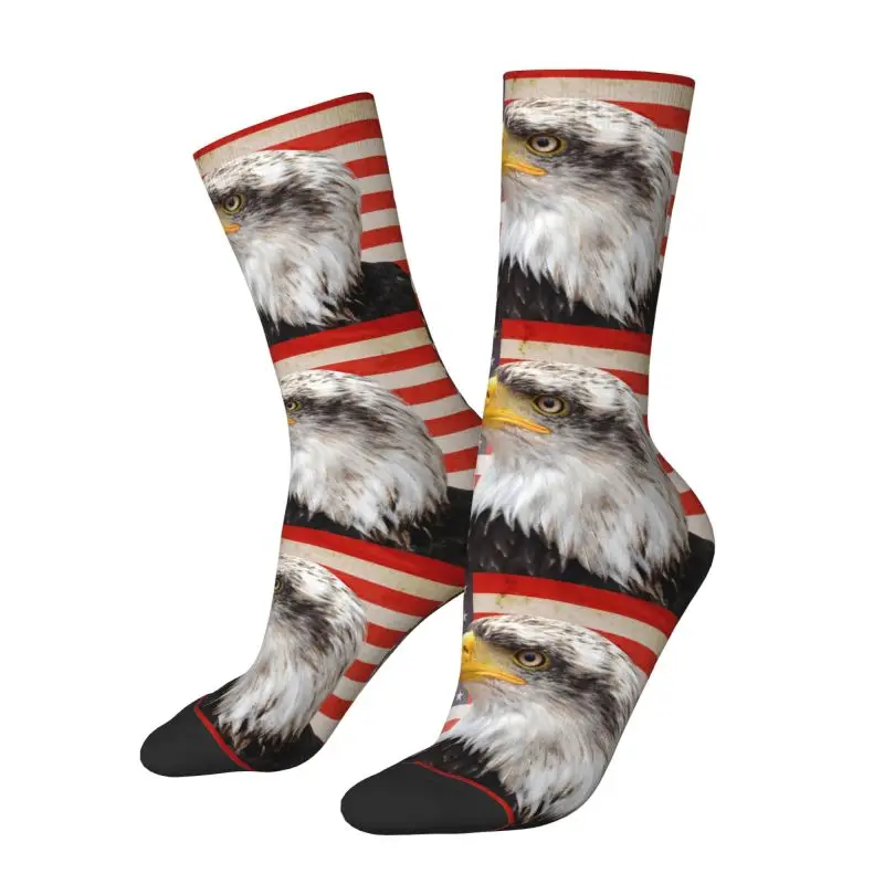 North American Bald Eagle On American Flag Men's Crew Socks Unisex Kawaii Spring Summer Autumn Winter Dress Socks