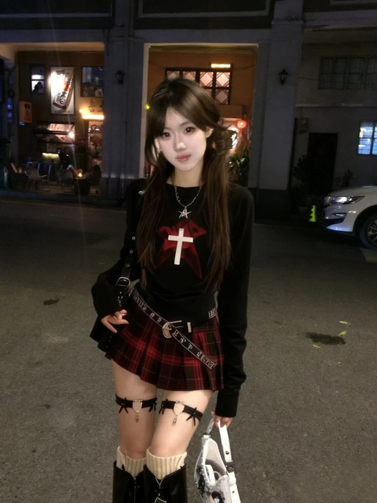 

Gothic Style Sweet Cool Girl Set Women's Early Spring College Style Pure Desire Long Sleeve Top Plaid Skirt Fashion Set