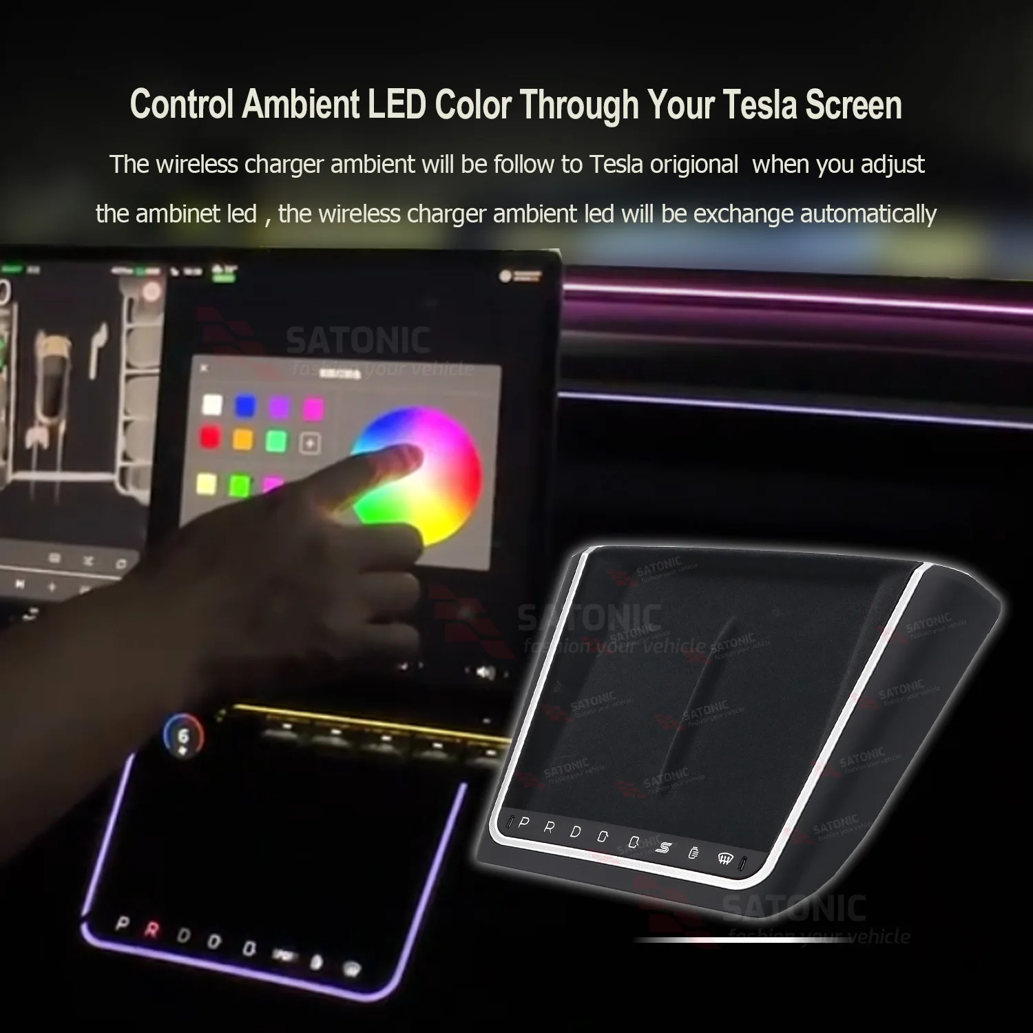 SATONIC 2026 Model Y Juniper Wireless Charger Ambient LED With Dual Type-C Quick Charge Gear Shift For Tesla Model 3 Highland