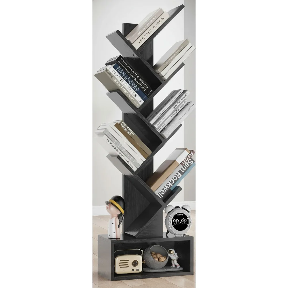 

6 Tier Tree Bookshelf with Drawer, Modern Floor Standing Book Storage Rack for Living Room Home Office, Black