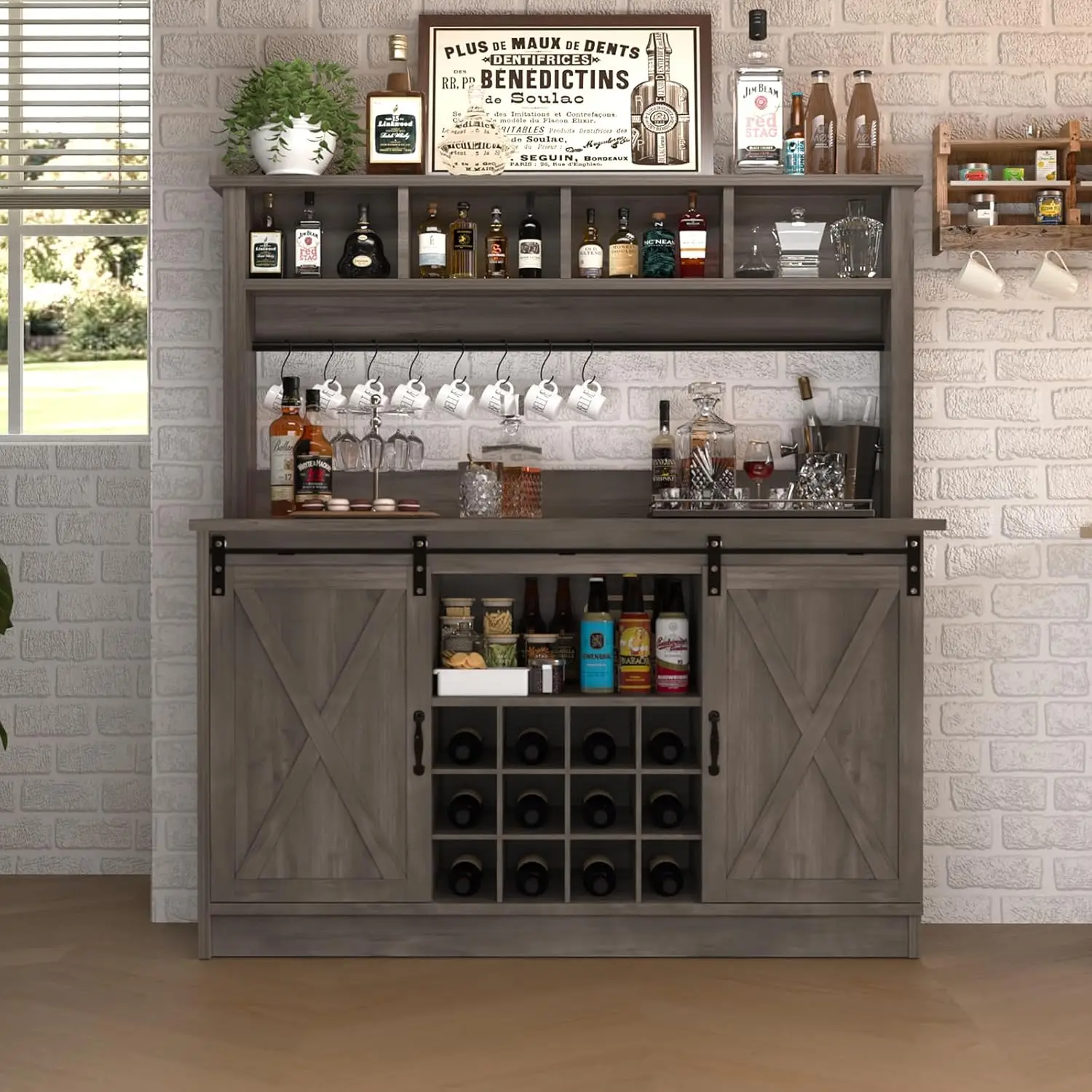 

Farmhouse Coffee Bar Cabinet with 4 Storage Hutch, 55”Coffee Bar with Sliding Barn Doors, Hutch Cabinet with 12, Customized