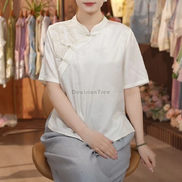 

2025 chinese retro national style women stain cheongsam blouse stand collar short sleeve loose elegant tang suit hanfu qipao top