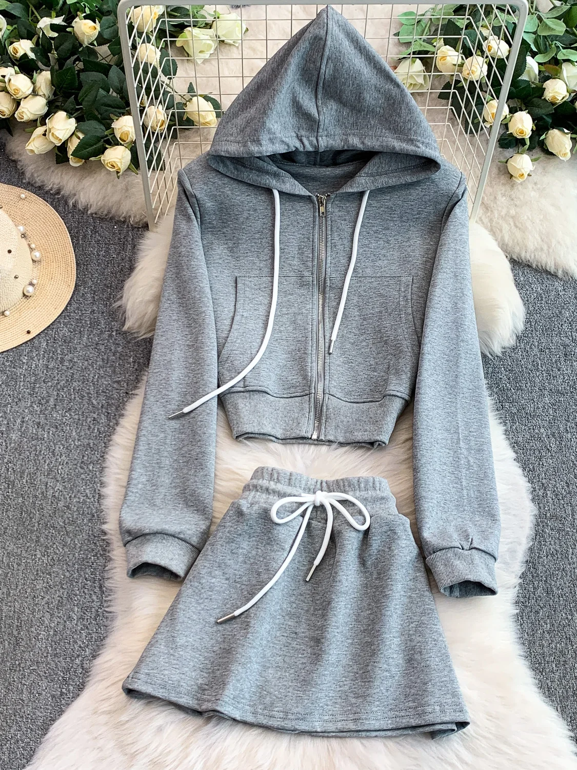 

Casual Loose Women's Autumn Winter Set High Waist Slimming Short Skirt Two-Piece Suit Anti-Light Walking Zipper Hoodie Outfit