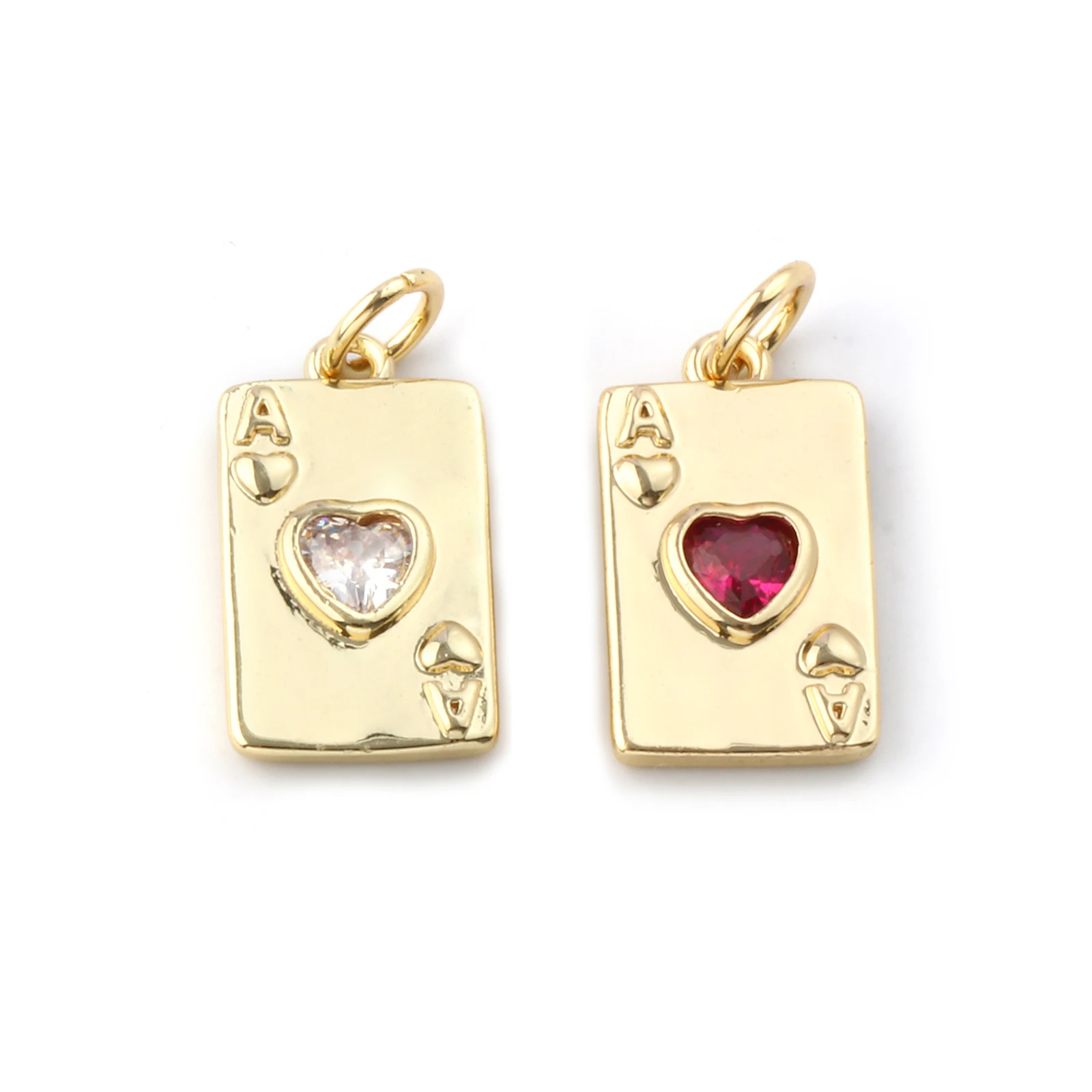 2 Stück Messing & Zirkonia Poker/Papierkarte/Spielkarten-Charms 18 Karat vergoldet Pokerkarte Herz Anhänger Halskette DIY 19 mm x 9 mm