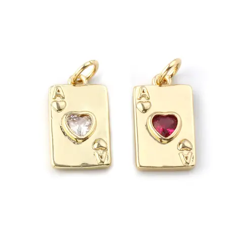 2 PCs Brass & Cubic Zirconia Poker/ Paper Card/ Game Card Charms 18K Gold Plated Poker Card Heart Pendant Necklace DIY19mm x 9mm
