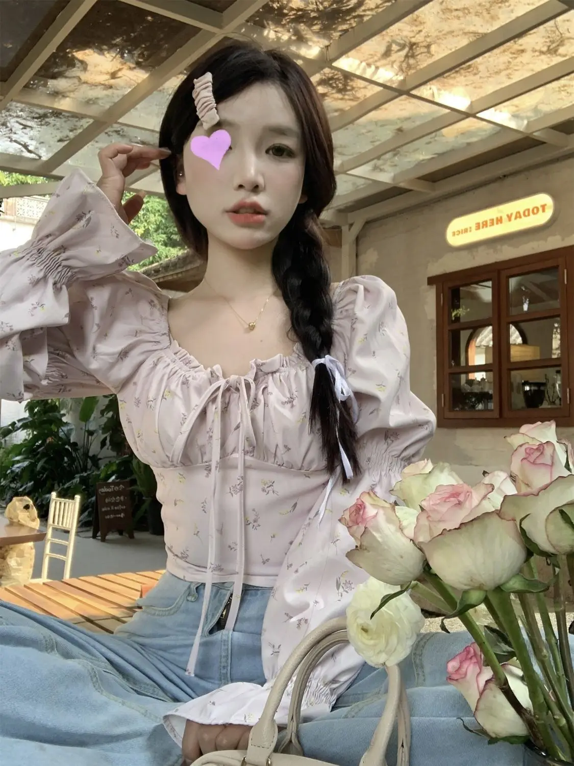 Blouses Women Crop Tops Slim Spring Chic Aesthetic Printed Hotsweet Puff Sleeve New Arrival French Style Vintage Lace-up Popular