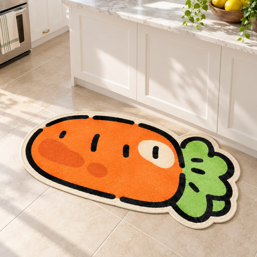 Cute Orange Carrot Shaped Area Rug Vegetable Flannel Floor Mat  Irregular Rug for Kitchen Entryway Living Room Home Decor
