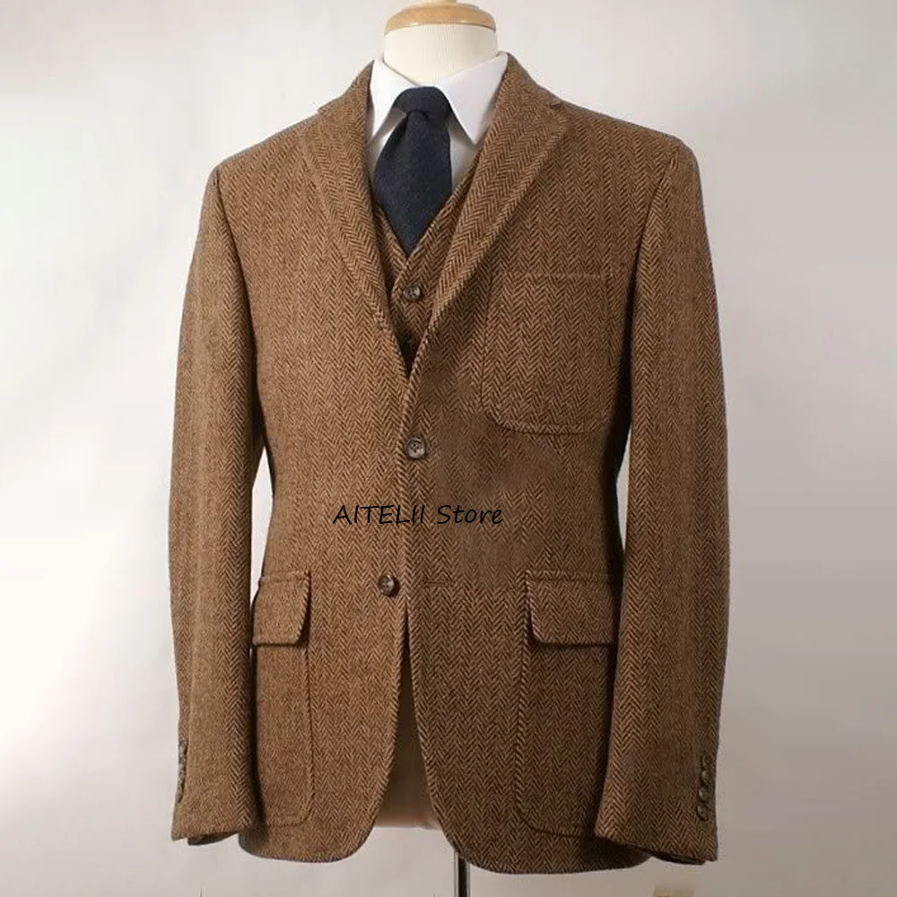 

Business Casual Man Jackets High Quality Notch Lapel Herringbone Fabric Men's Jacket Men's Social Coat Single-breasted Suit