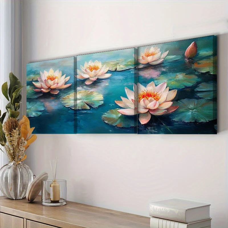3 шт. холст в рамке, настенное искусство - водяные лилии на воде, каждая 11,81x15,74 дюйма, водонепроницаемый холст HD, современный дом и офис, декабрь
