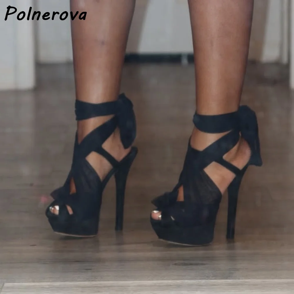 Black Mesh Platform Sandals Thin Heels Peep Toe Bow Tie Ankle Strap Shoes Women Summer Solid Elegant Party Stiletto Shoes