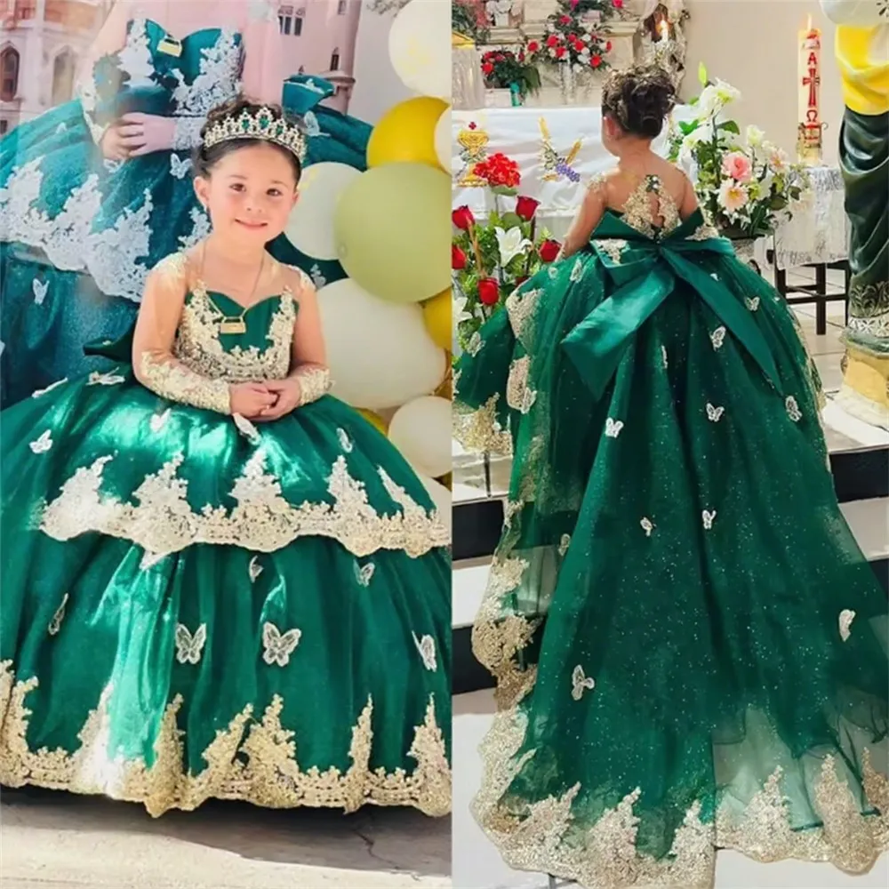 

Customized Luxury Flower Girl Wedding Dress Appliques Lace Butterflies with Bow Fluffy Princess Birthday Party Communion Gown
