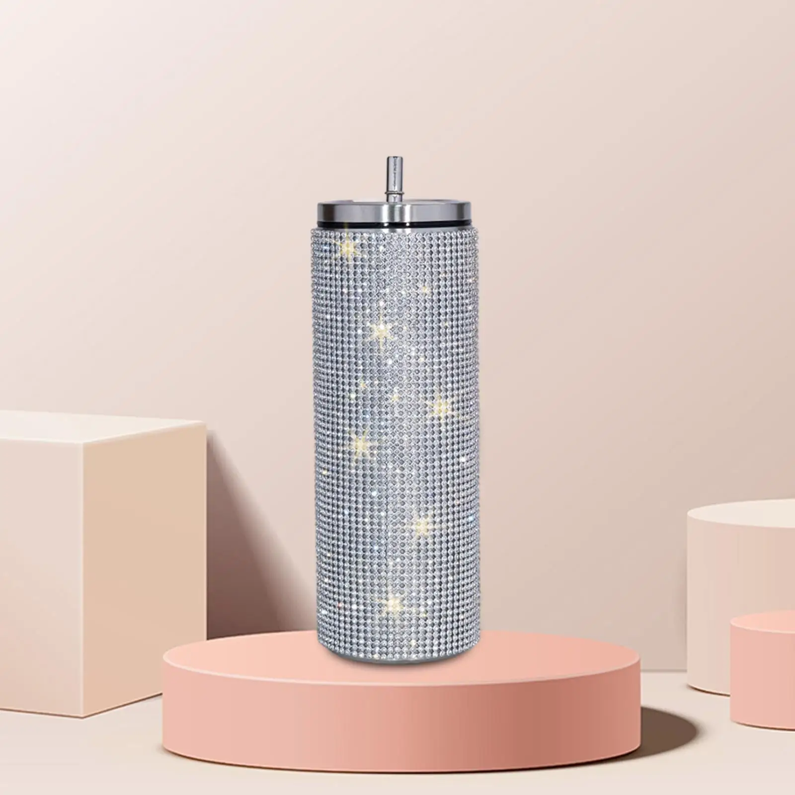Stainless Steel Insulated Water Bottle 600ml Portable Glitter Kettle with Rhinestone Bling Diamond Cup for Travel Sports Outdoor