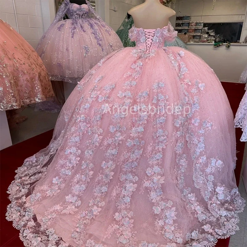 Angelsbride Shiny Tulle Pink Lace Ball Gown Quinceanera Dresses With 3D Appliques Sweet 16 Dress Vestido De 15 Quinceañera