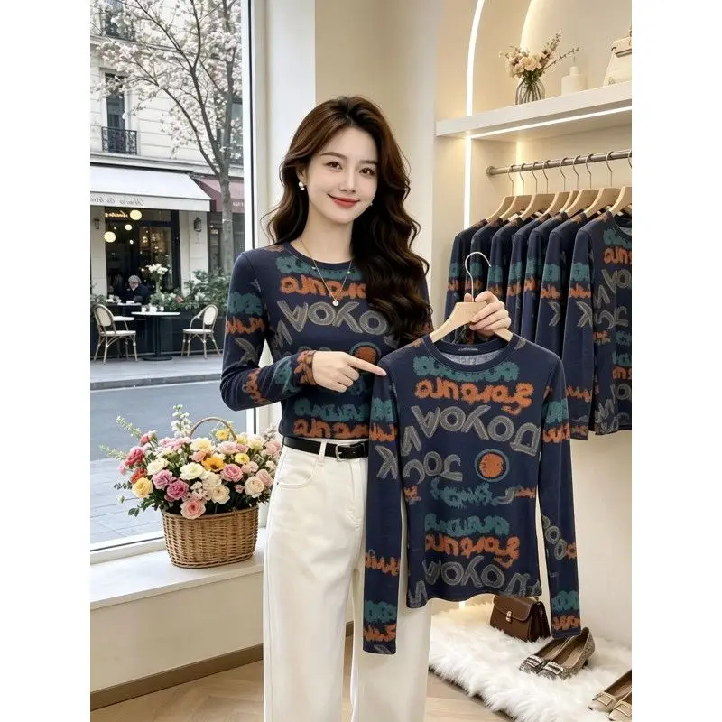 Ladies Loose Fit Long Sleeve round Neck Printed T-Shirt Stylish Slimming Base Layer Shirt  Letter Print Casual Style