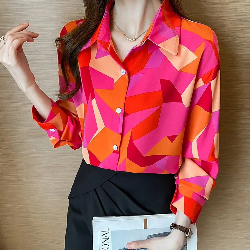 Pattern Stitching Luxury Clothes Women Elegant Women's Suits Chiffon Blouses Free Shipping Promotion Red Shirt Autumn Clothing