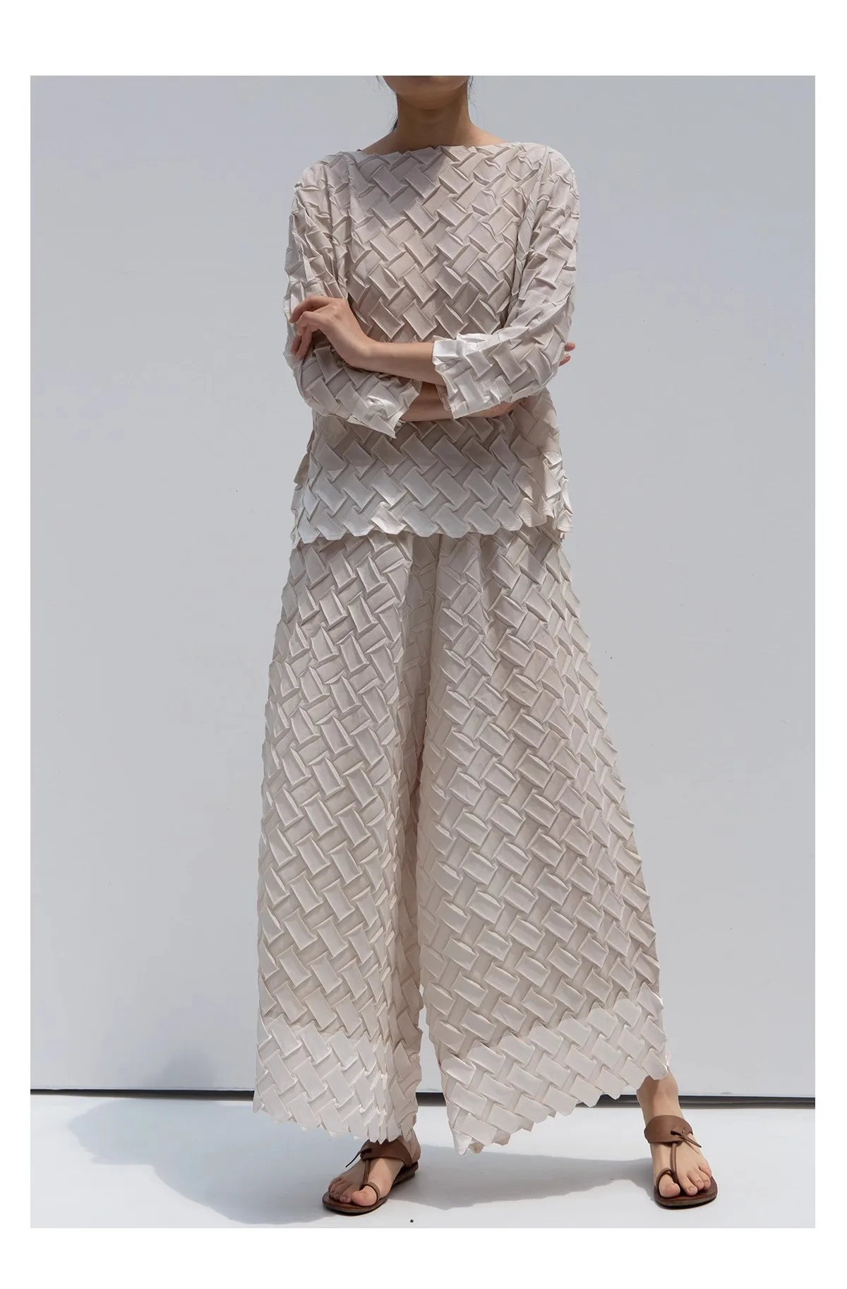 HOT SELLING  Miyake fold solid long sleeve SLASH neck T-shirt + wide leg pants suit IN STOCK