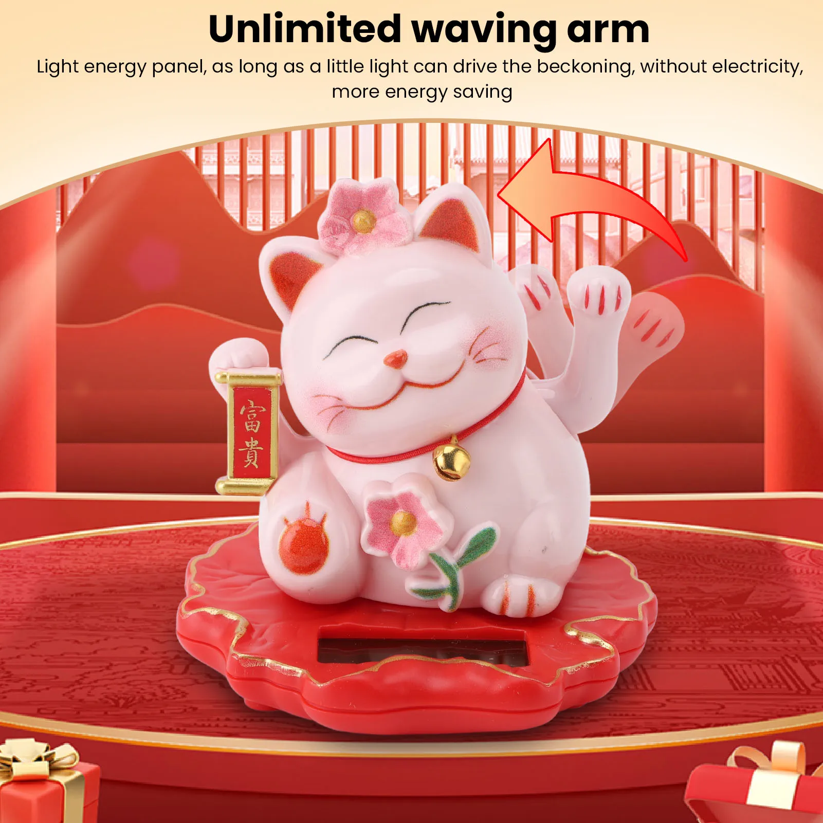 

C5 Lucky Cat Waving Arm Ornament ABS Solar Powered Light Induction Wealth Welcoming Cat Car Decoration for Home Car Office Gifts
