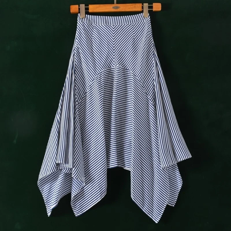 

Asymmetrical Hem Navy Stripe Chiffon Long Skirt Commute High Waist A-Line Midi Skirt Women's Daily Wear Summer Dr