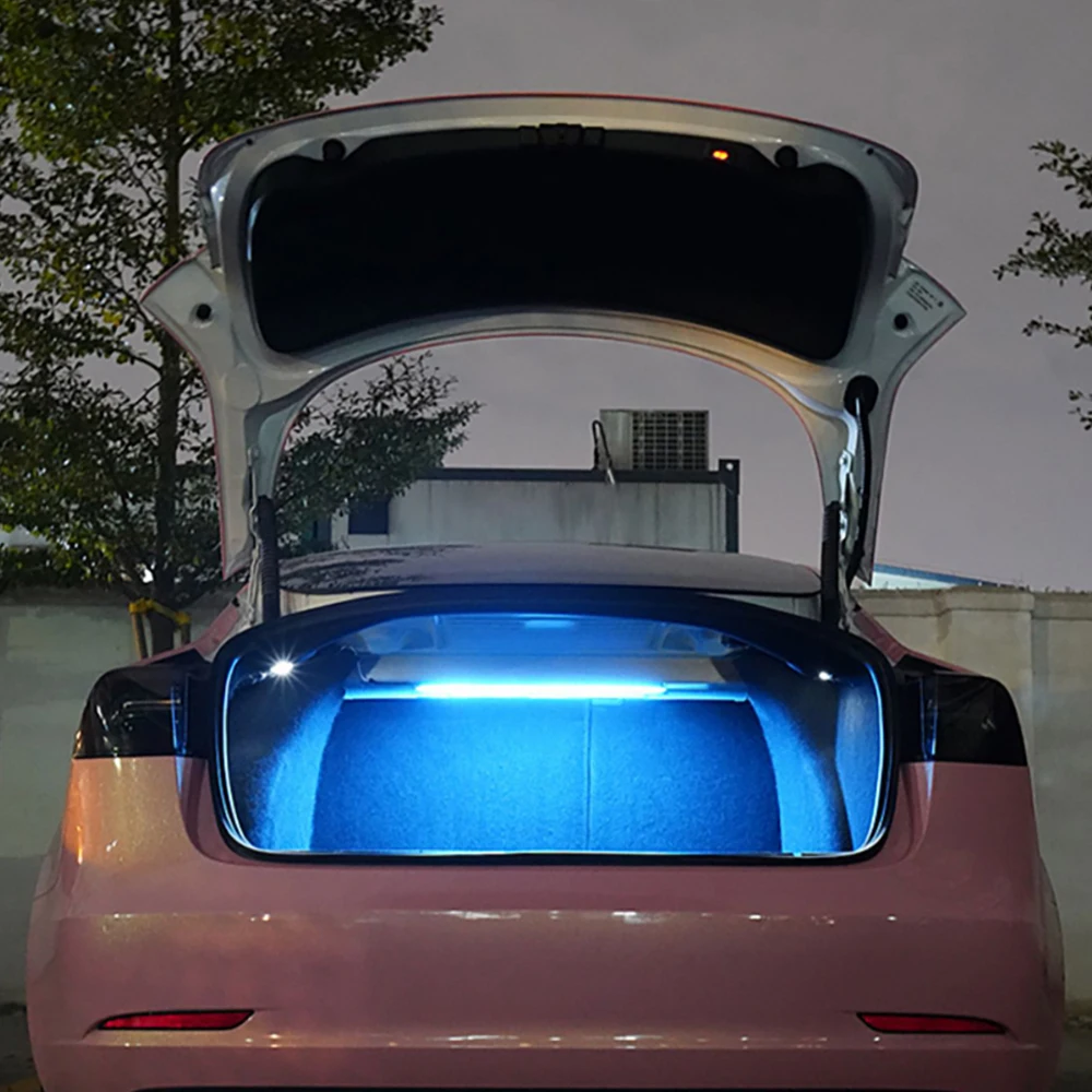 12V LED Car Rear Trunk Decorative Light Bar Strips White Blue Light For Tesla Model 3 2019 2020 2021 2022