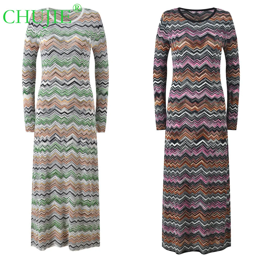 

2025 Autumn Winter New Luxury Slimming Wave Pattern Color-Block Slim Fit Long Sleeve Round Neck Knitted Dress