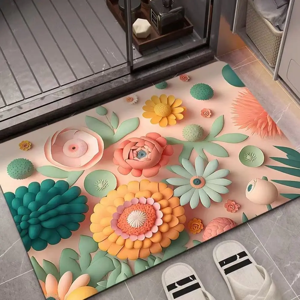 

3D Visual Effect Anti-slip Floor Mat Diatom Mud Quick Drying Shower Rug Flower Pattern 40x60cm Absorbent Carpet Bathroom