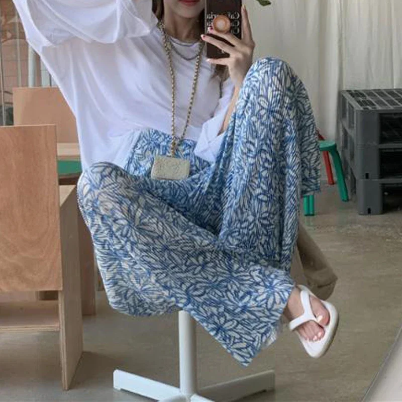 

Women's Clothing Summer Fashion Vintage Print Pleated Wide-leg Pants Female Casual High Waist Loose Straight Trousers Pantalones