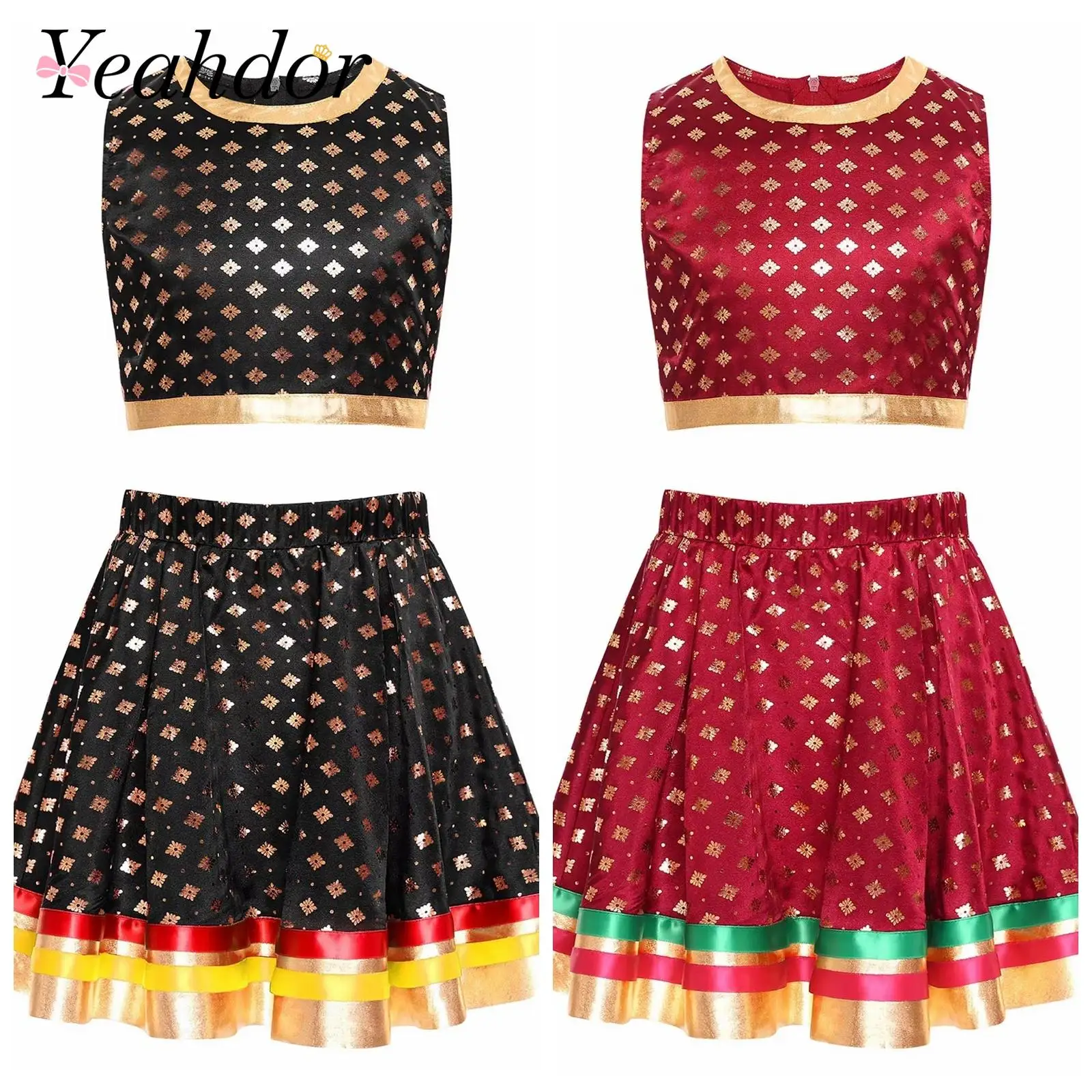 Kids Girls India Dance Outfits Lehenga Choli Belly Dancing Outfit Satiny Cropped Tank Top Skirt Princess Performance Costume
