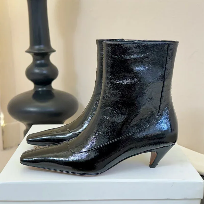 

Quality Kitten Heels Ankle Boots Women Square Toe Runway Shoes Woman Patent Leather Low Heels Short Boots Modern Boots For Woman