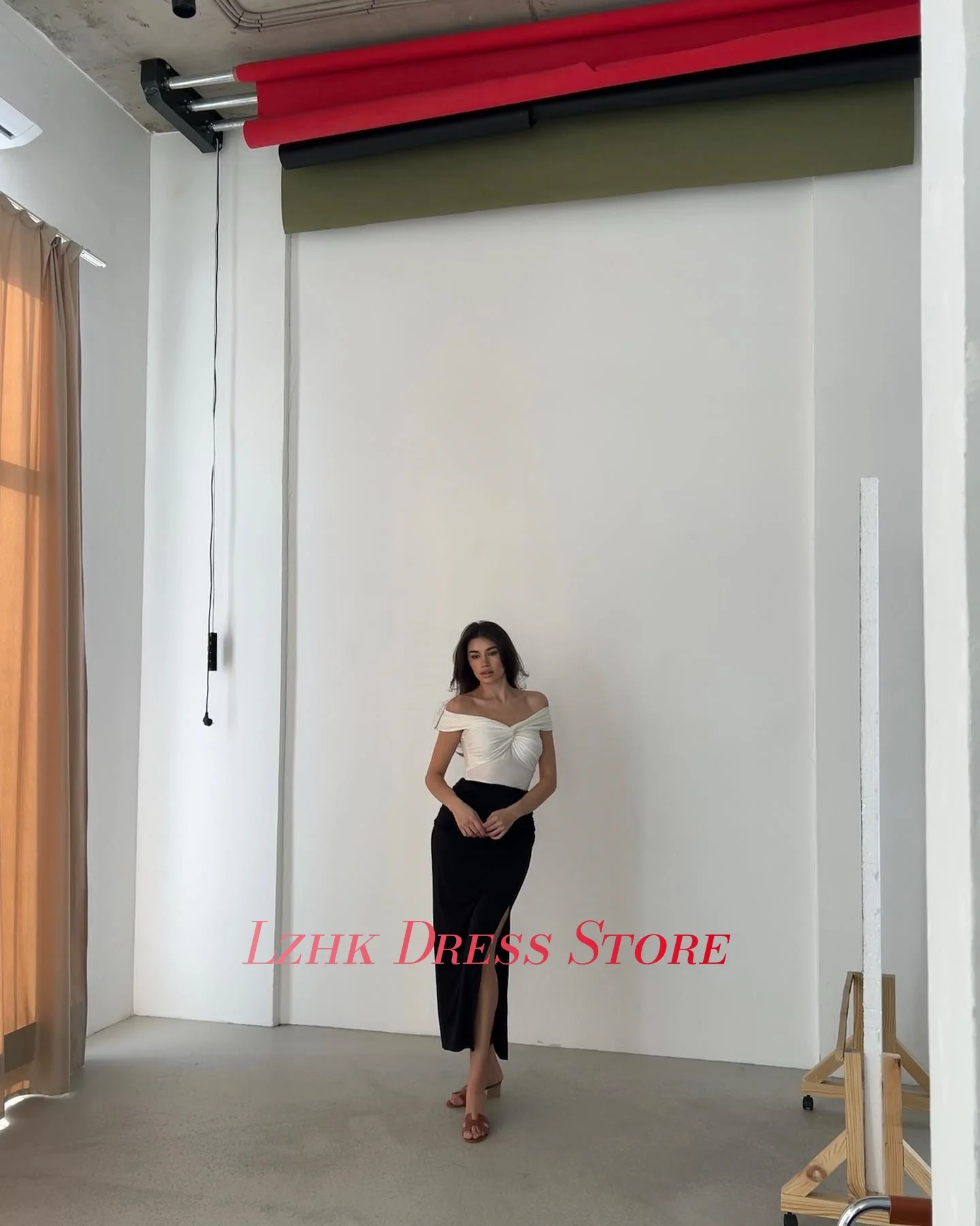 Vestido de noche recto con hombros descubiertos, Jersey Sexy personalizado, manga corta de alta calidad, cuello en V, longitud del té, vestidos de celebridades