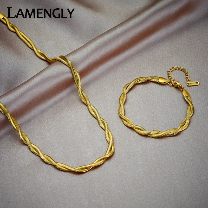 

LAMENGLY 316L Stainless Steel Gold Color Double Snake Chains Necklace Bracelet For Women New Trend Girls Waterproof Jewelry Set