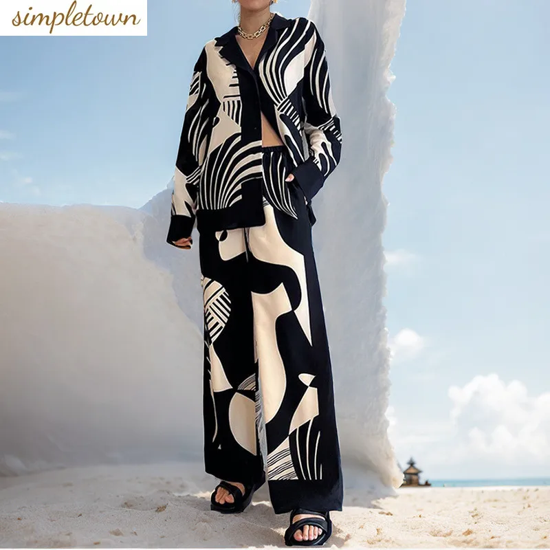 

Summer new European and American style trendy lazy style printed long sleeved shirt+fashionable wide leg pants two-piece set