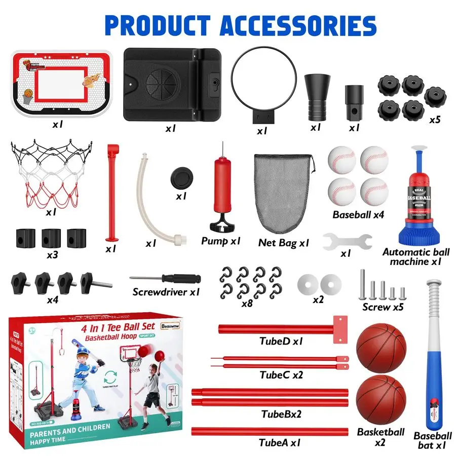 in 1 Kids Basketball Hoop and TBall Set Adjustable Hanging TBall Stand with Automatic Pitching Machine, Indoor Outdoor Sports To