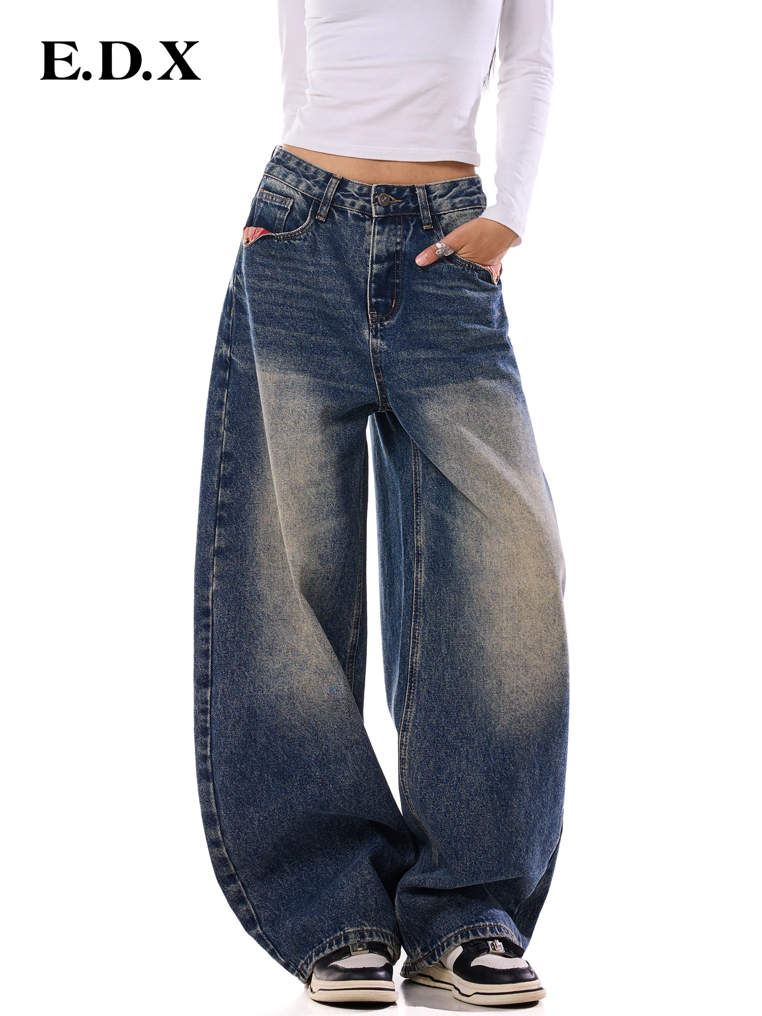 Women's Loose Wide Leg Cotton Denim Pants Spring Summer Autumn High Waist Knife  Checkered Flip Cover Label Jeans