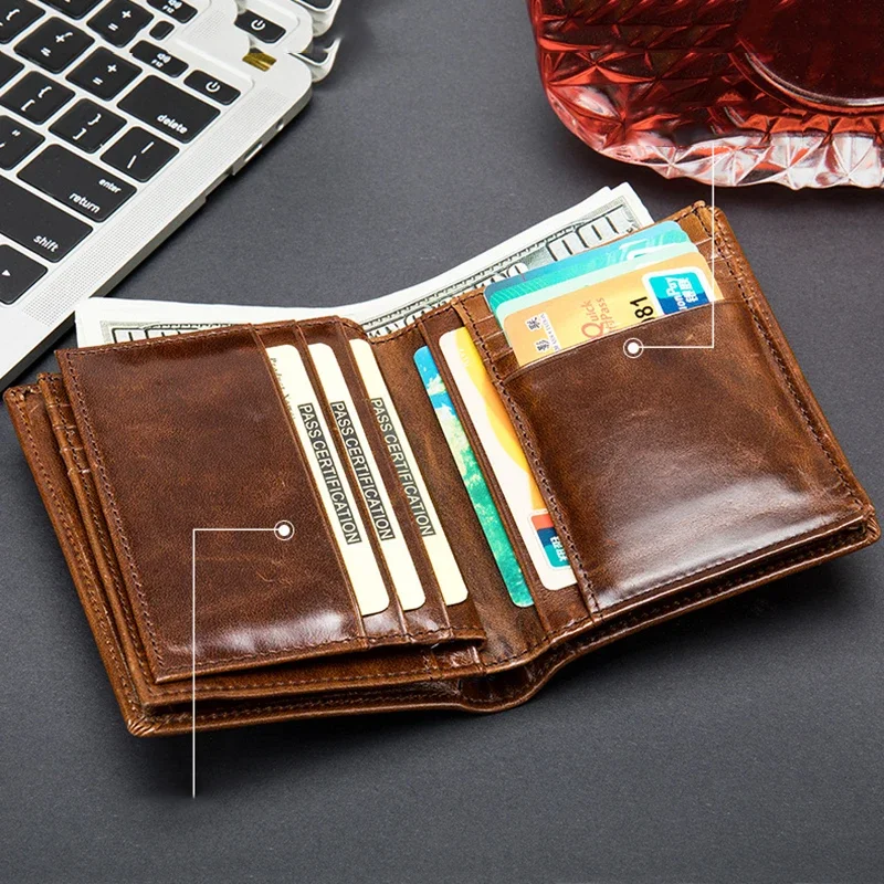 Men's Cowhide RFID Genuine Leather Short Top Layer Card Holder Small Bag Business Bank ID Cash Purse Gifts Black Brown Wallet
