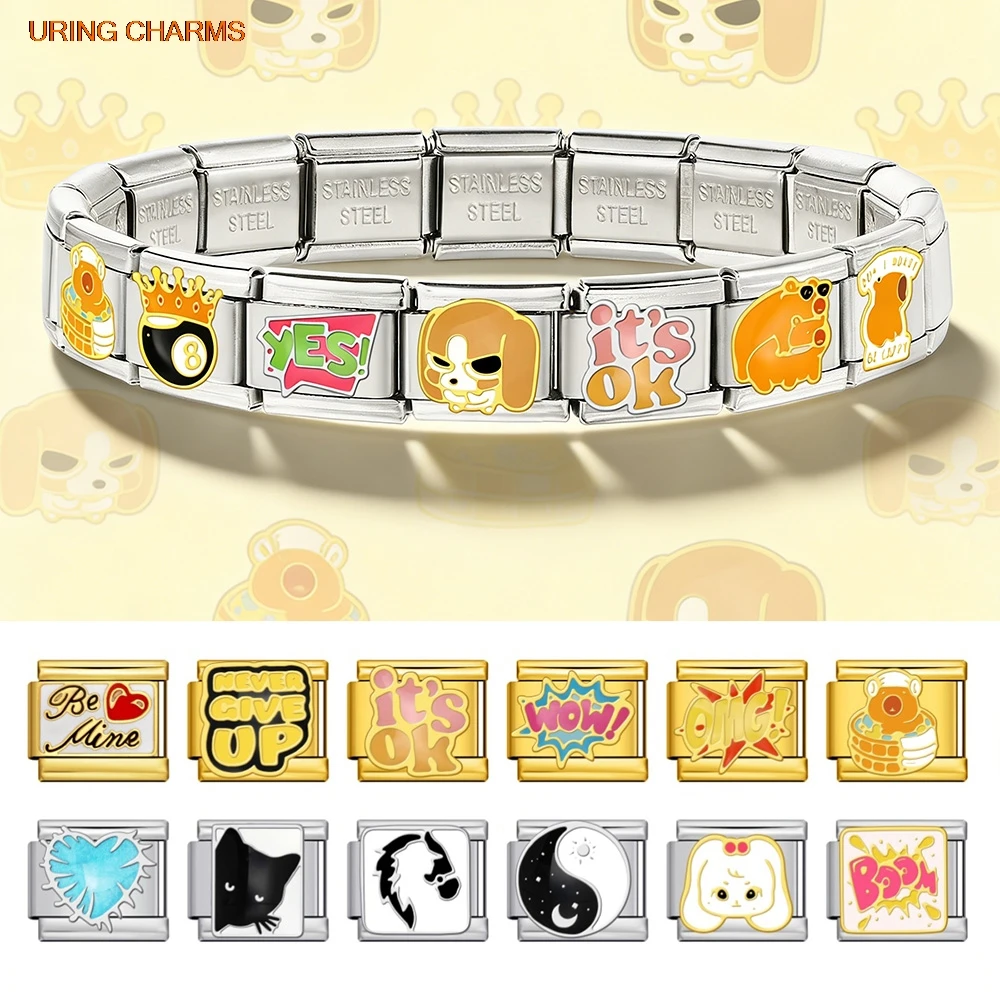 Corona colorida de dibujos animados de perro, gato, cielo, planeta, enlace italiano, compatible con abalorios de acero inoxidable de 9mm, fabricación de joyas, pulsera de moda DIY 2026