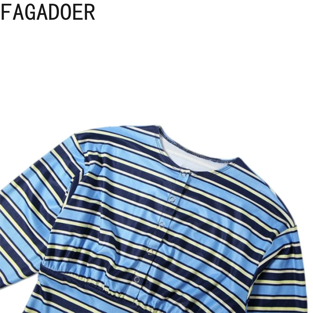 FAGADOER Women Striped Print Two Piece Set Long Sleeve Crop Top High Waist Slim Capri Pants Casual Streetwear Matching Outfit - view 6