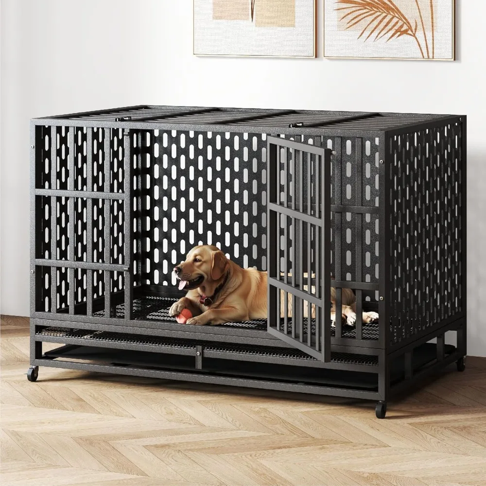 

48/42 Inch Heavy Duty Indestructible Dog Crate Steel Escape Proof, Indoor Double Door High Anxiety Cage, Kennel with Wheels, Rem