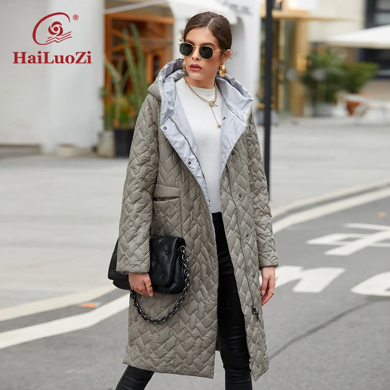 

HaiLuoZi New Spring Jacket For Women 2022 Long Female Coat Warm Casual Parkas Fashion Belt Decorate Hooded Quilted Clothing 7081