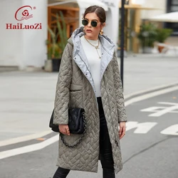 HaiLuoZi-Chaqueta larga con capucha para mujer, abrigo cálido informal con cinturón, ropa acolchada decorada, Primavera, 2022, 7081