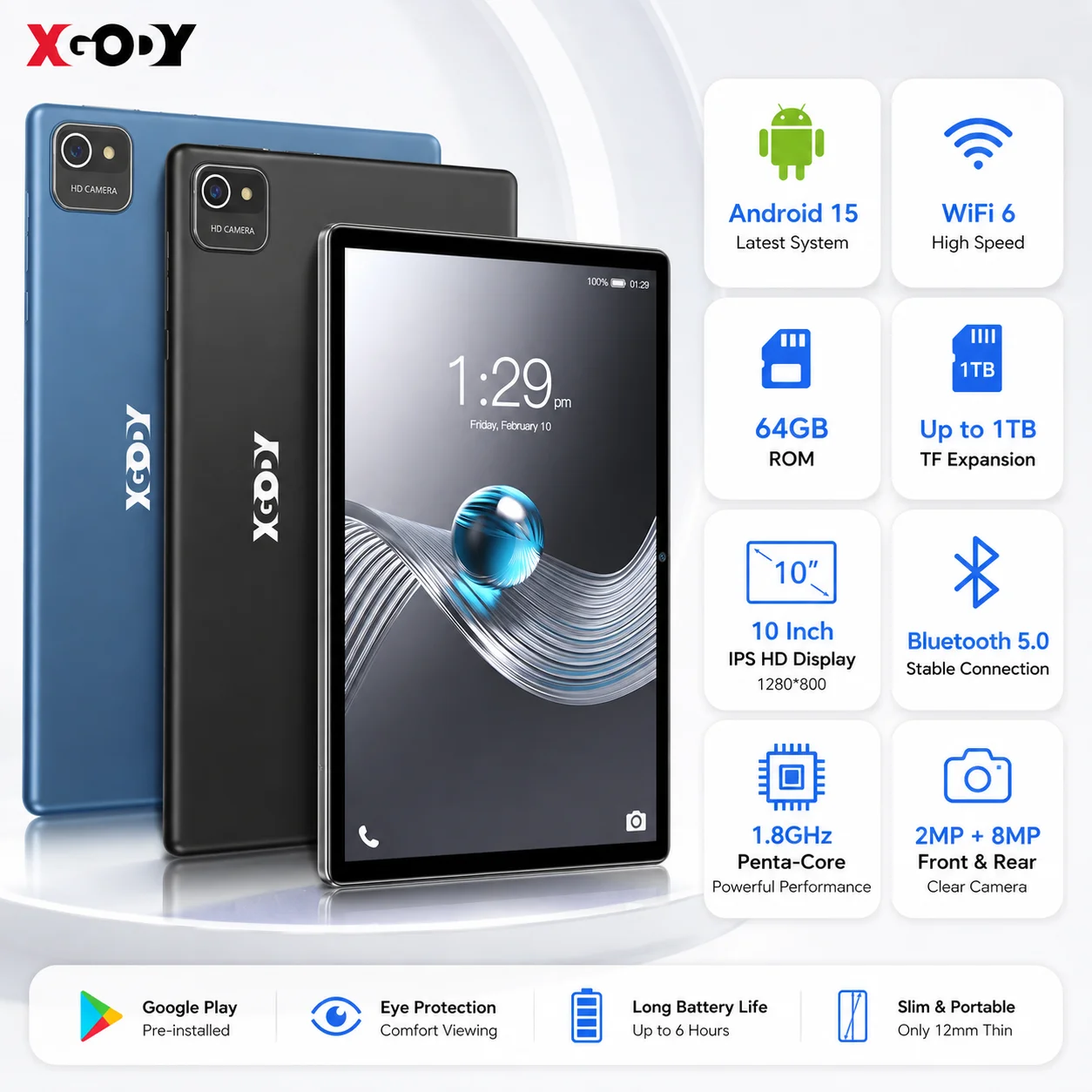 XGODY 10 Inch Android 15 Tablet WiFi 6 64GB ROM 1TB Expandable Penta Core IPS HD Display Bluetooth 5.0 Tablet PC